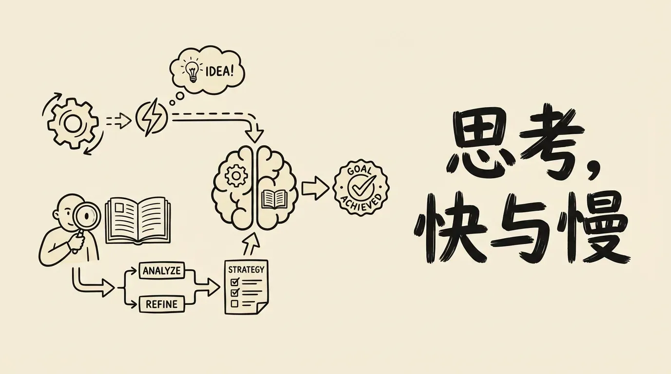 Create a minimalist two-tone illustration in simple line-art style with a SPLIT LAYOUT: - LEFT SIDE (about 60% of width): one clear focal illustration related to the topic - RIGHT SIDE (about 40% of width): the tagline text, large and prominent, hand-lettered style Topic: 思考,快与慢 Summary: A practical workflow article cover with a clear metaphor. Key visual symbols: workflow, automation, knowledge Tagline text for the RIGHT SIDE: