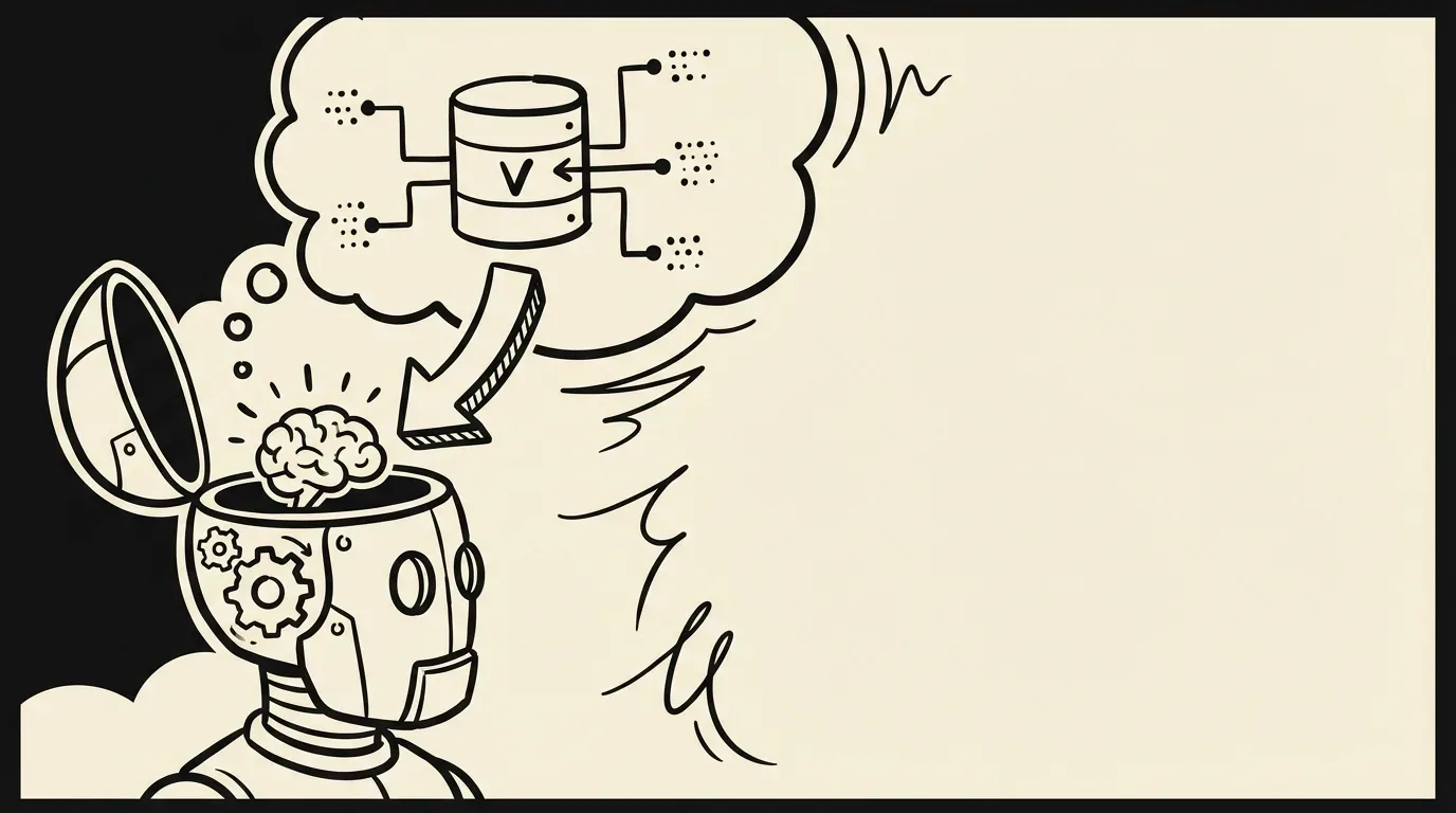 Create a minimalist two-tone comic cover illustration in simple line-art style. Topic: 给 AI Agent 装一个语义记忆:SQLite 向量搜索实战 Summary: 用 sqlite-vector + Gemini Embedding 给本地 AI Agent 加上语义记忆,不需要外部服务,一个 SQLite 文件搞定。 Key visual symbols: 专栏, AI, SQLite, 向量搜索, Embedding Style constraints: - hand-drawn doodle comic style - clean bold outlines, flat colors only - strictly two-color palette: #111111 and #F5EEDC - wide 16:9 composition, one clear focal object - keep negative space on the right side Do not include any text, letters, logos, watermarks, UI widgets, or photorealistic rendering.