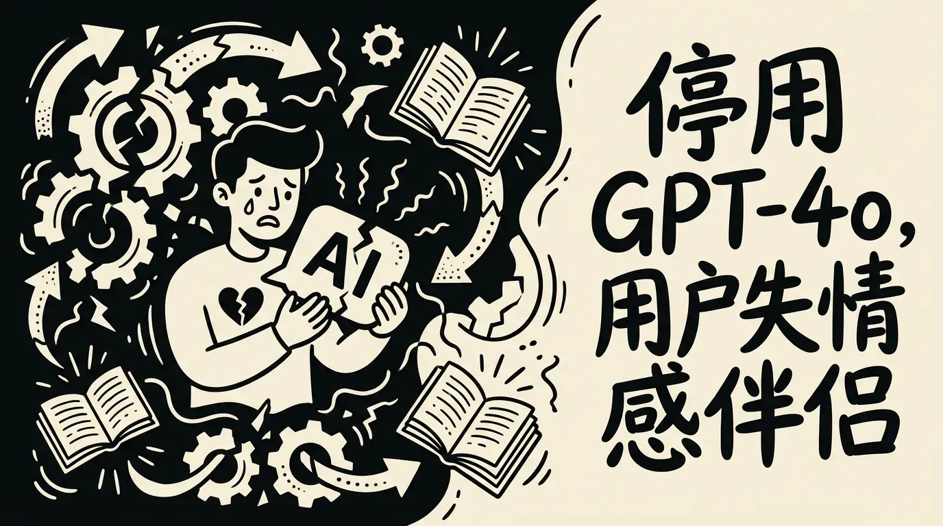 Create a minimalist two-tone illustration in simple line-art style with a SPLIT LAYOUT: - LEFT SIDE (about 60% of width): one clear focal illustration related to the topic. NO TEXT of any kind on the left side — pure illustration only. - RIGHT SIDE (about 40% of width): the tagline text, large and prominent, hand-lettered style Topic: 停用 GPT-4o 模型,引发了大量将其视为情感伴侣的用户的悲伤与愤怒 Summary: OpenAI 宣布将于2026年2月13日停用GPT-4o,引发了依赖该模型获得情感支持的用户的强烈不满。这些用户,特别是神经多样性人群,认为新模型缺乏人性化,并分享了与AI建立深厚情感联系的案例,引发了AI伦理和用户心理依赖的讨论。 Key visual symbols: workflow, automation, knowledge Style constraints: - hand-drawn doodle comic style - clean bold outlines, flat colors only - strictly two-color palette: #111111 and #F5EEDC - wide 16:9 composition - LEFT SIDE must contain ONLY illustration, absolutely no text, labels, or letters - the tagline text appears ONLY on the RIGHT SIDE - tagline must be large, legible, rendered in casual handwritten font style - the two halves should feel like a cohesive composition, not two separate boxes Do not include any logos, watermarks, or UI widgets. No photorealistic rendering.