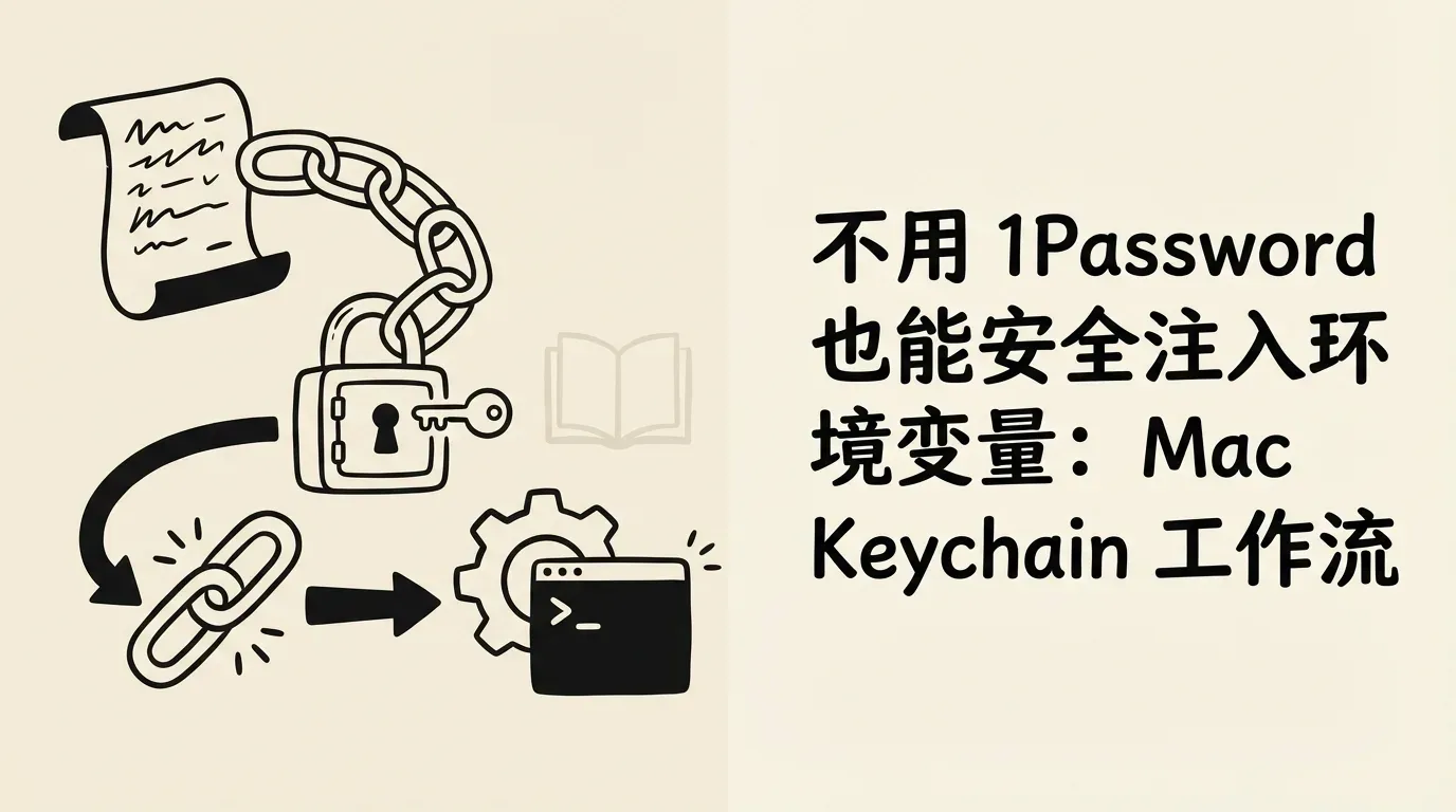 Create a minimalist two-tone illustration in simple line-art style with a SPLIT LAYOUT: - LEFT SIDE (about 60% of width): one clear focal illustration related to the topic. NO TEXT of any kind on the left side — pure illustration only. - RIGHT SIDE (about 40% of width): the tagline text, large and prominent, hand-lettered style Topic: 不用 1Password 也能安全注入环境变量:Mac Keychain 工作流 Summary: 用 Mac Keychain + envchain + direnv,把本机开发密钥从明文文件迁移到按命令注入。 Key visual symbols: 专栏, keychain, envchain, 开发环境, shared Style constraints: - hand-drawn doodle comic style - clean bold outlines, flat colors only - strictly two-color palette: #111111 and #F5EEDC - wide 16:9 composition - LEFT SIDE must contain ONLY illustration, absolutely no text, labels, or letters - the tagline text appears ONLY on the RIGHT SIDE - tagline must be large, legible, rendered in casual handwritten font style - the two halves should feel like a cohesive composition, not two separate boxes Do not include any logos, watermarks, or UI widgets. No photorealistic rendering.